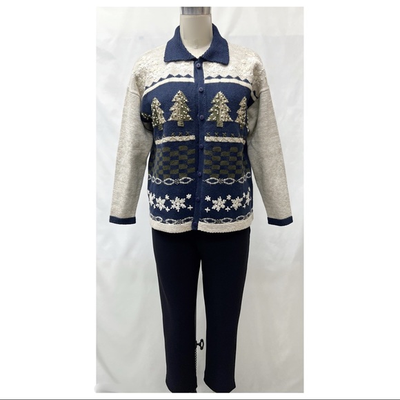 Navy Beige Button Down Embroidered Christmas Scene Sweater Knit Cardigan - Picture 3 of 16